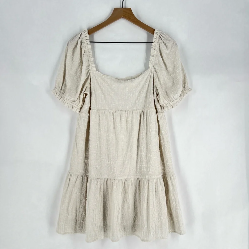 Sophie Rue Cream Lightweight Textured Puff Sleeve Peasant Mini Dress Size L - Picture 1 of 10